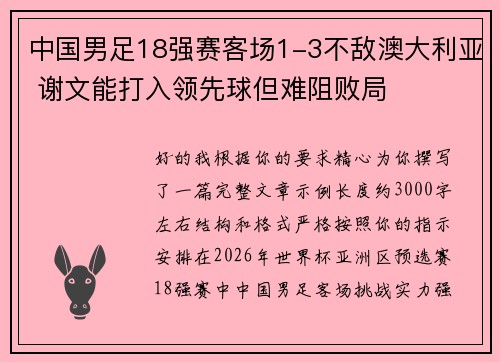 中国男足18强赛客场1-3不敌澳大利亚 谢文能打入领先球但难阻败局 中国男足18强赛客场1-3不敌澳大利亚 谢文能打入领先球但难阻败局